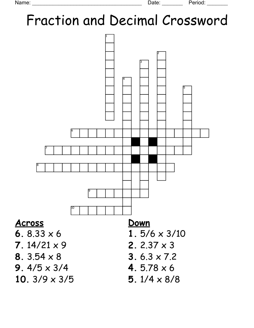Fraction and Decimal Crossword