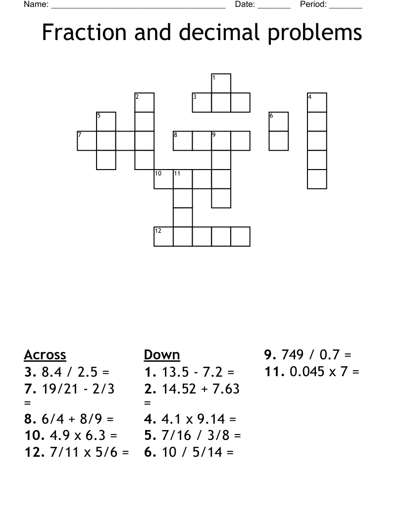 Fraction and decimal problems Crossword