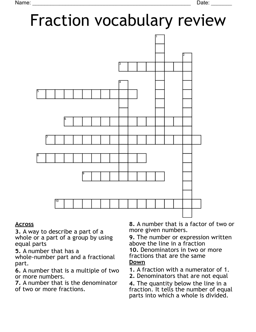 Fraction vocabulary review Crossword