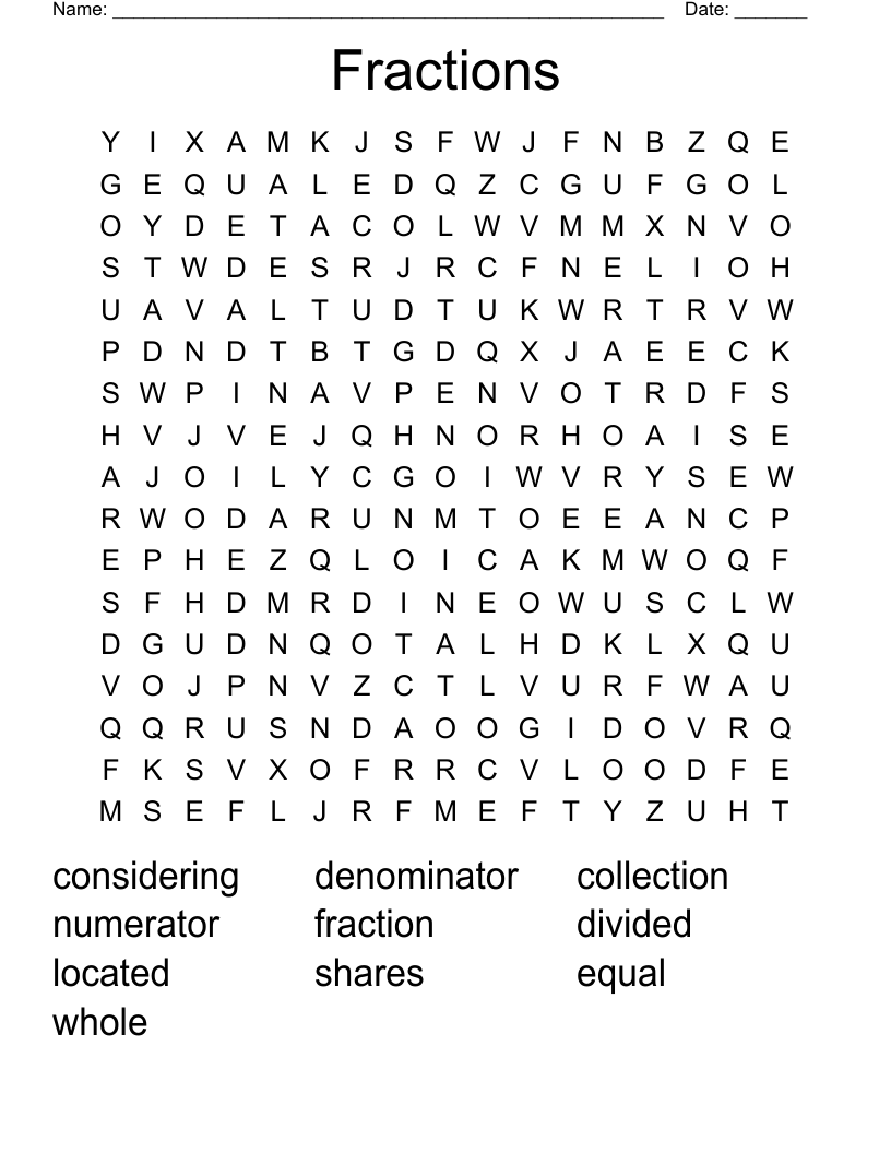 Fractions Word Search