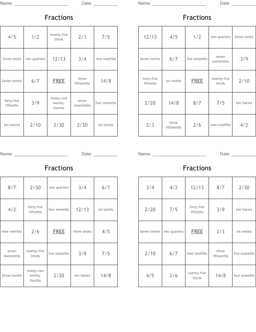 Fractions Bingo Cards