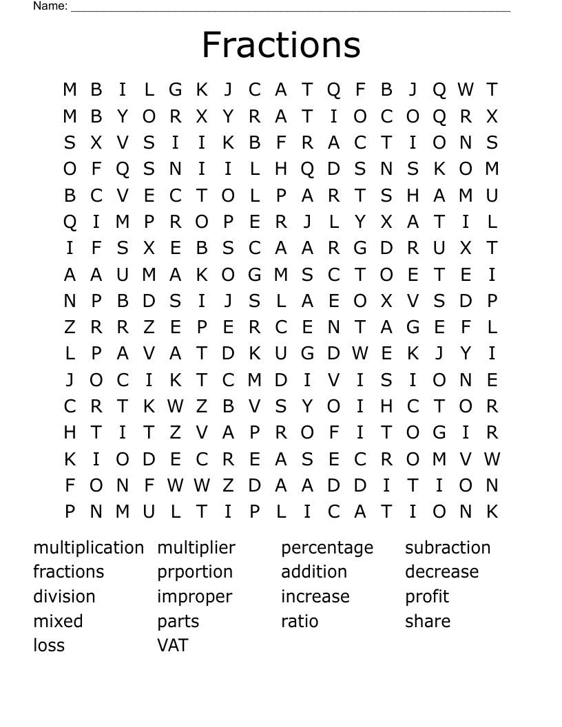 Fractions Word Search