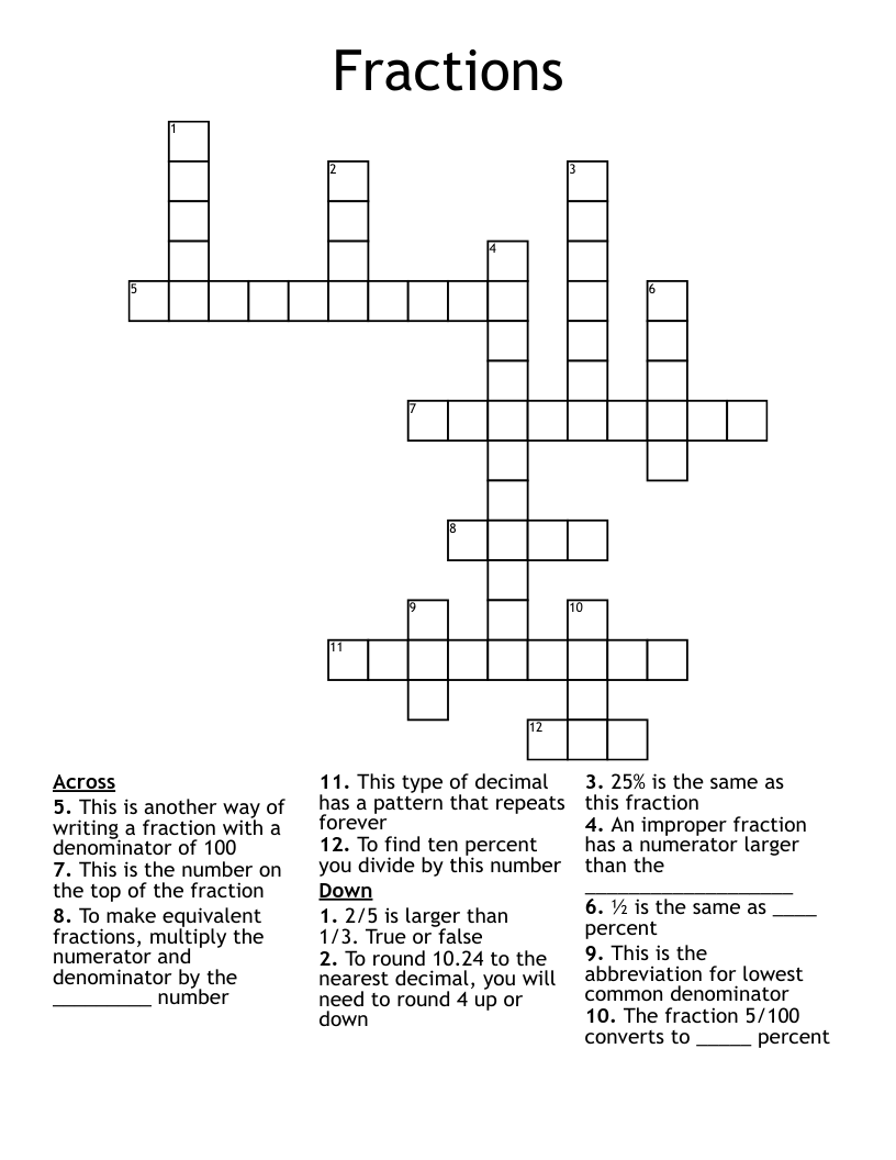 Fractions Crossword