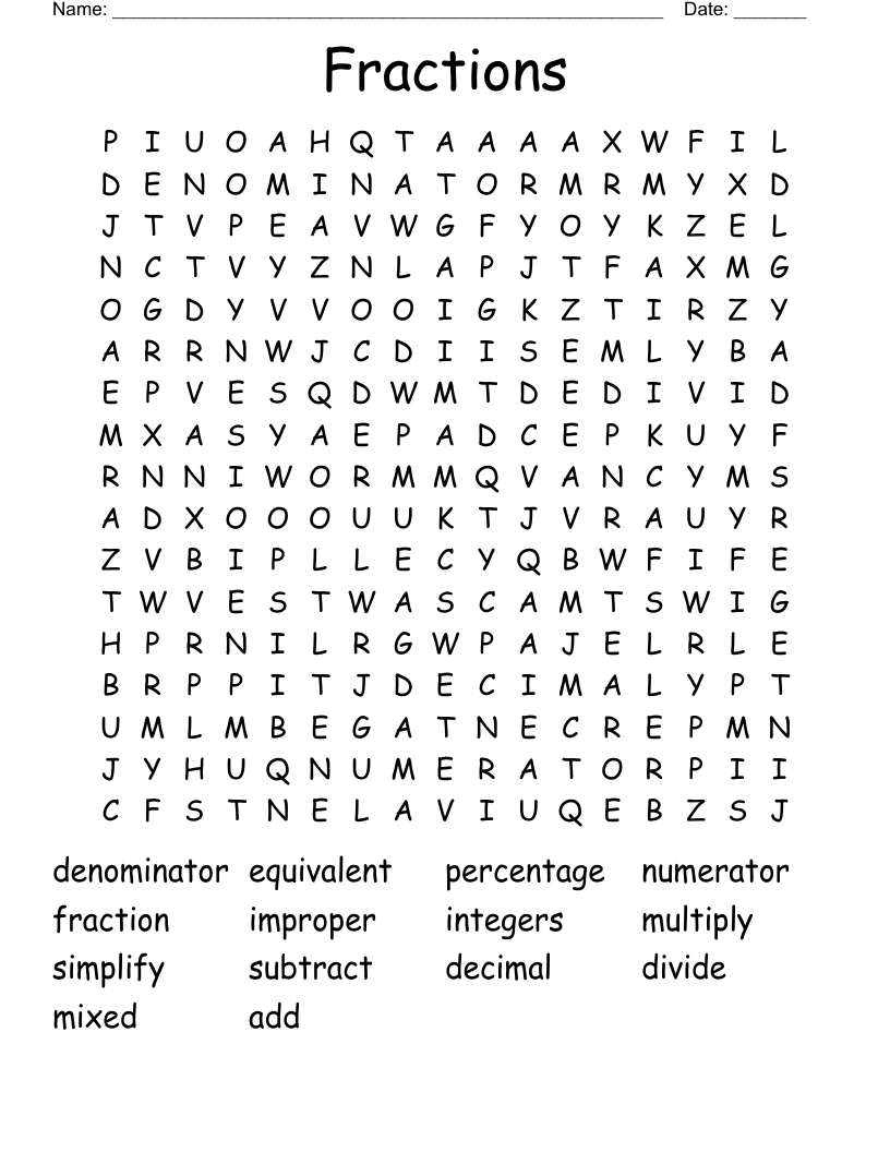 Fractions Word Search