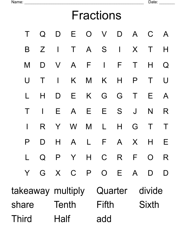 Fractions Word Search