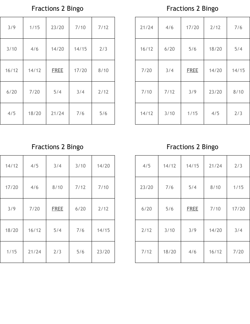 Fractions 2 Bingo