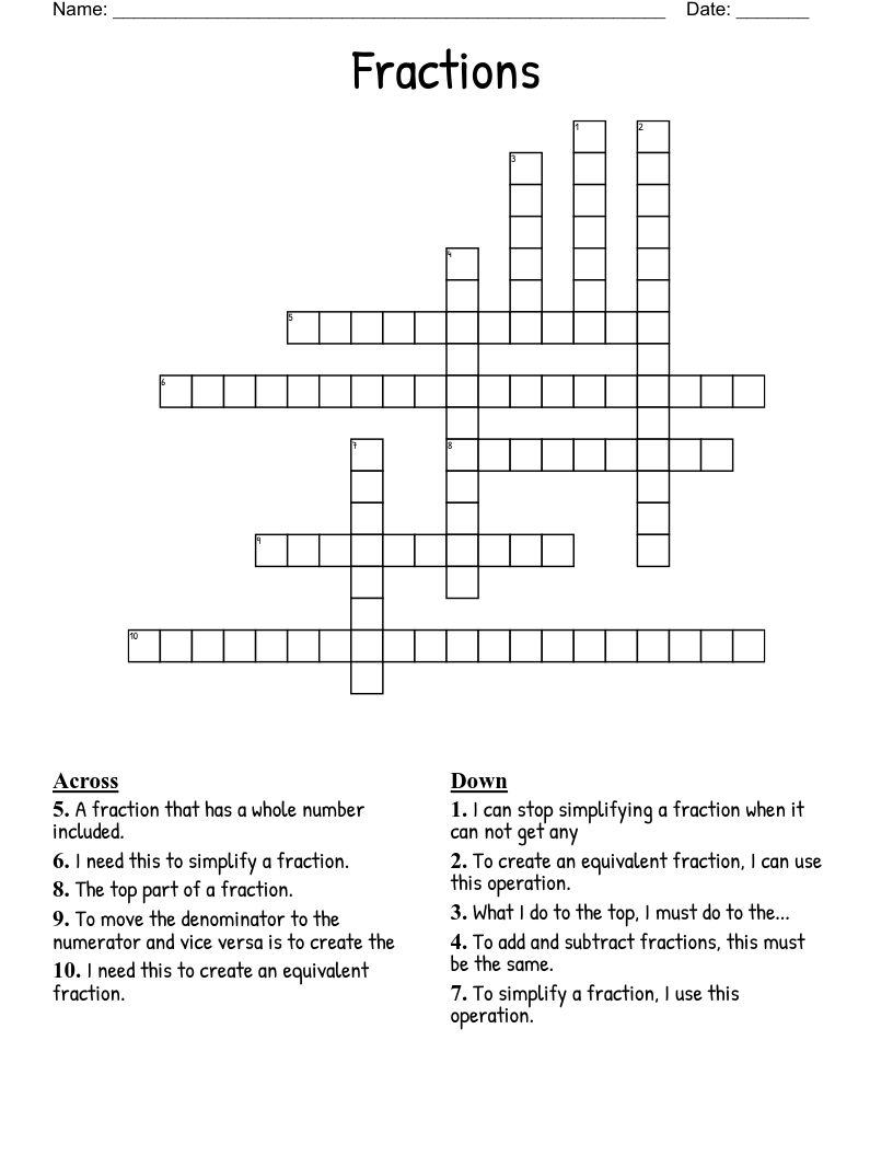 Fractions Crossword