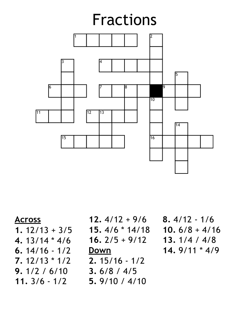 Fractions Crossword