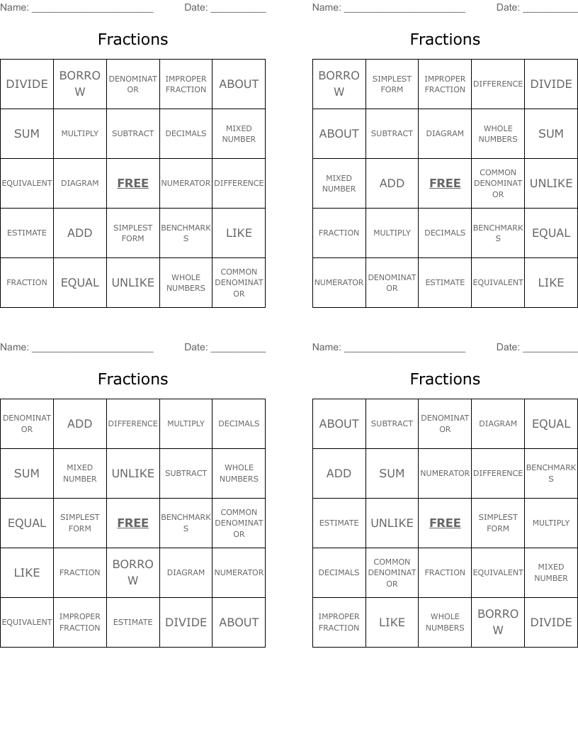 Fractions Bingo Cards