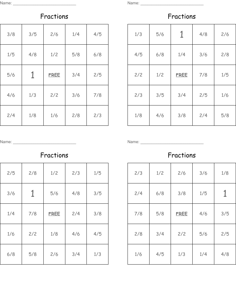 Fractions Bingo Cards