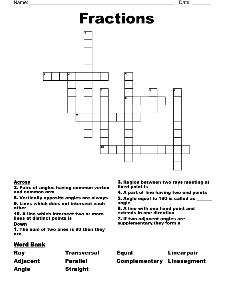 Fractions Crossword