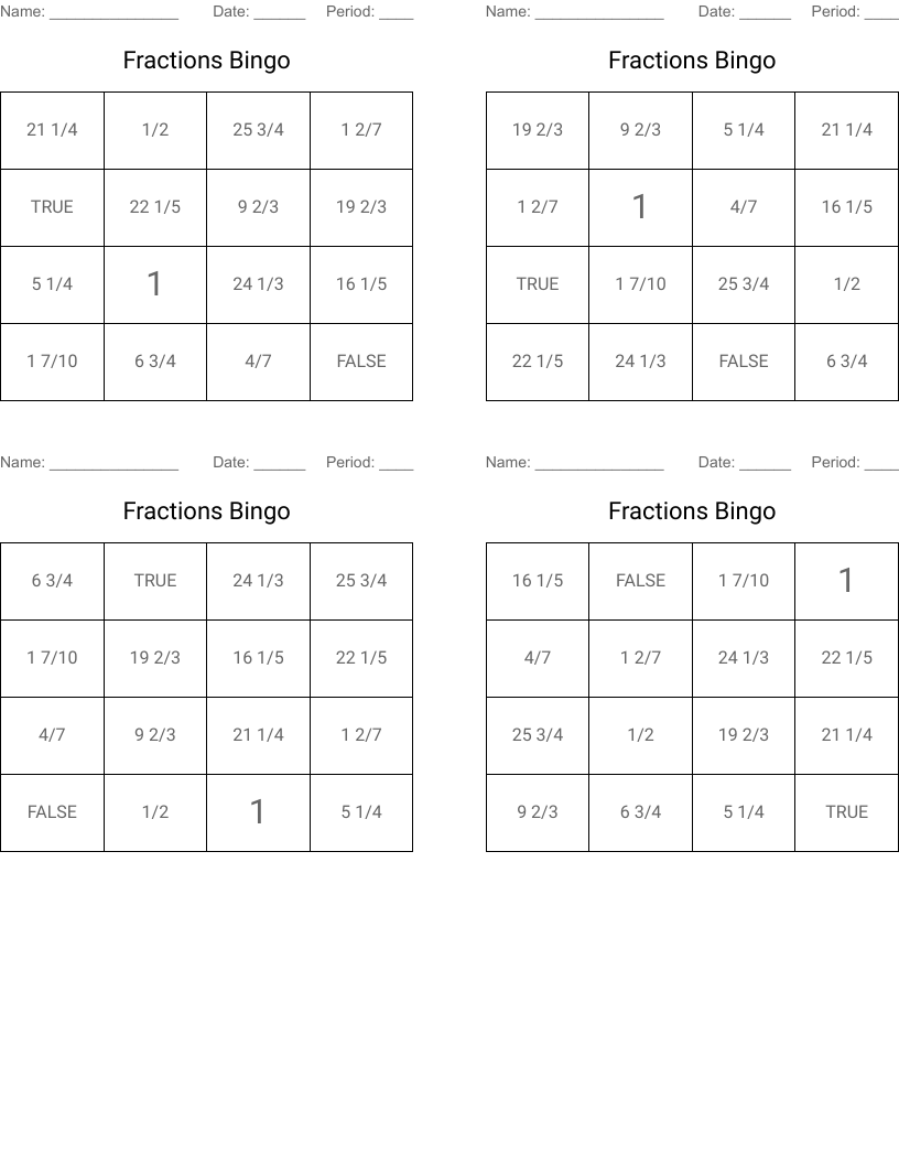 Fractions Bingo