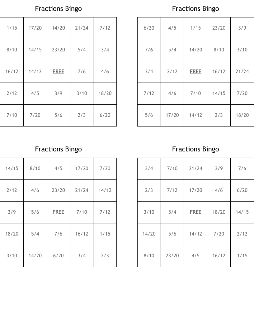 Fractions Bingo