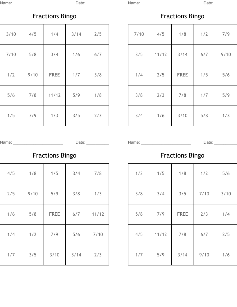 Fractions Bingo