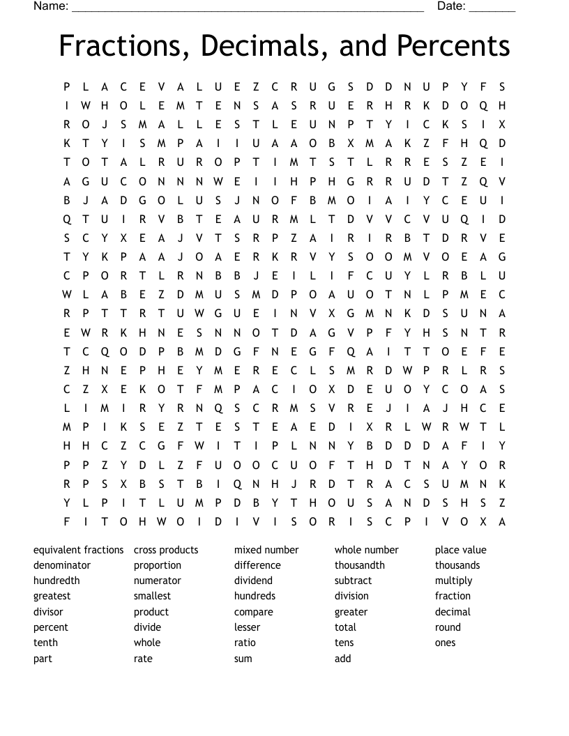 Fractions, Decimals, and Percents Word Search