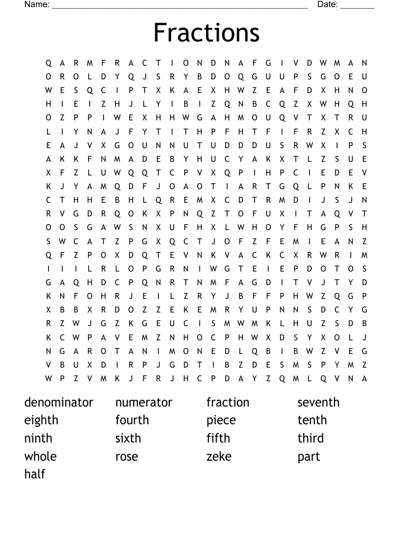 Fractions  Word Search