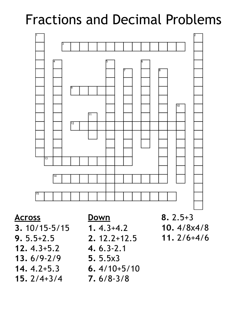 Fractions and Decimal Problems Crossword