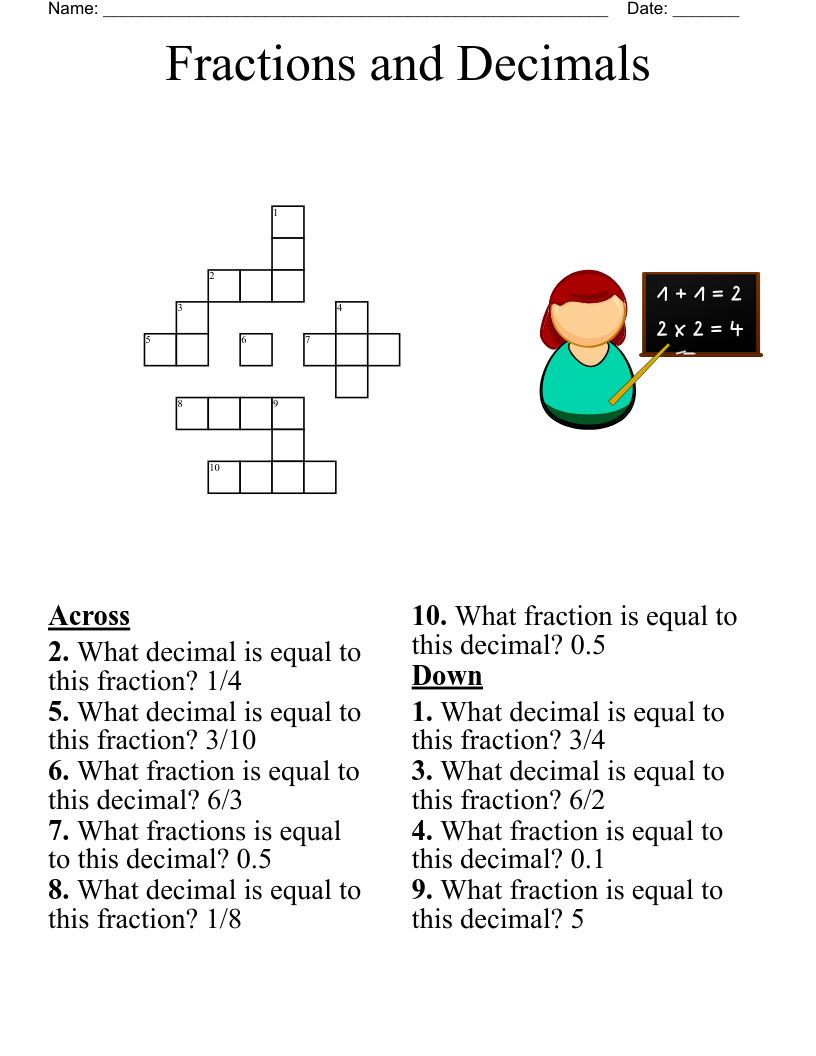 Fractions and Decimals  Crossword