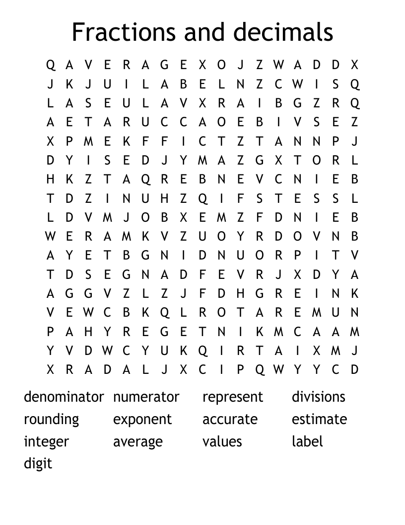 Fractions and decimals Word Search