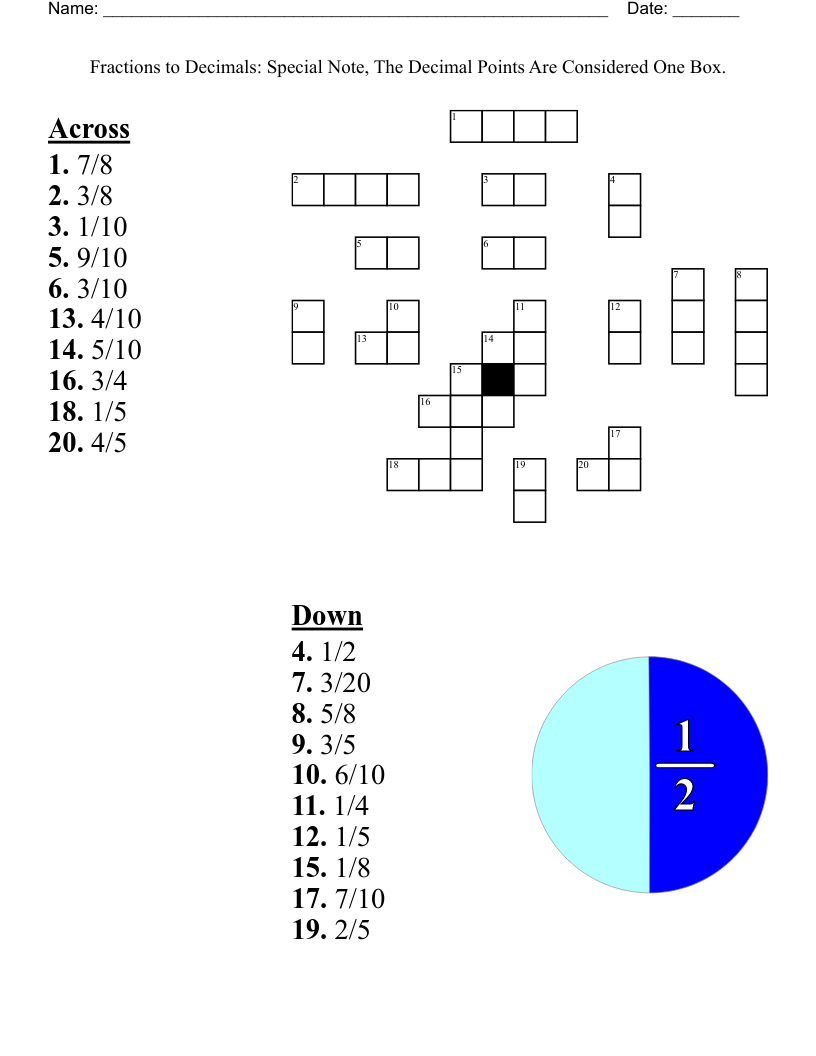 Fractions to Decimals:  Special Note, The Decimal Points Are Considered One Box.  Crossword