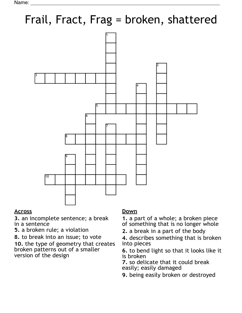 Frail, Fract, Frag = broken, shattered Crossword