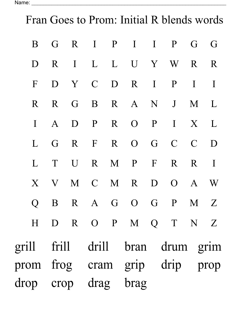 Fran Goes to Prom: Initial R blends words Word Search