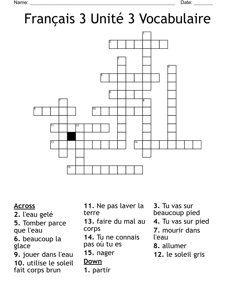 Français 3 Unité 3 Vocabulaire Crossword