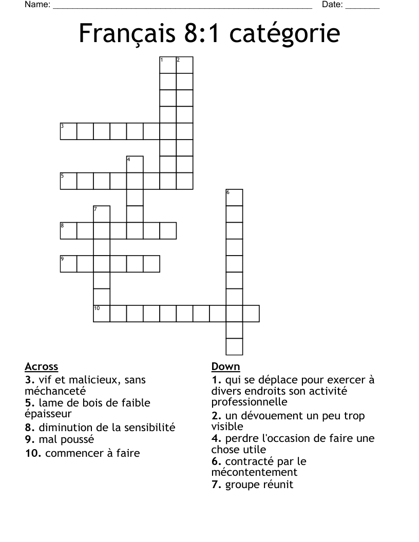Français 8:1 catégorie Crossword