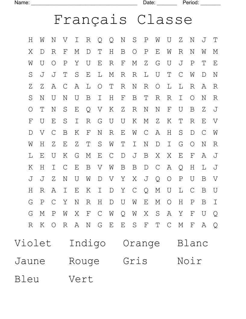 Français Classe Word Search