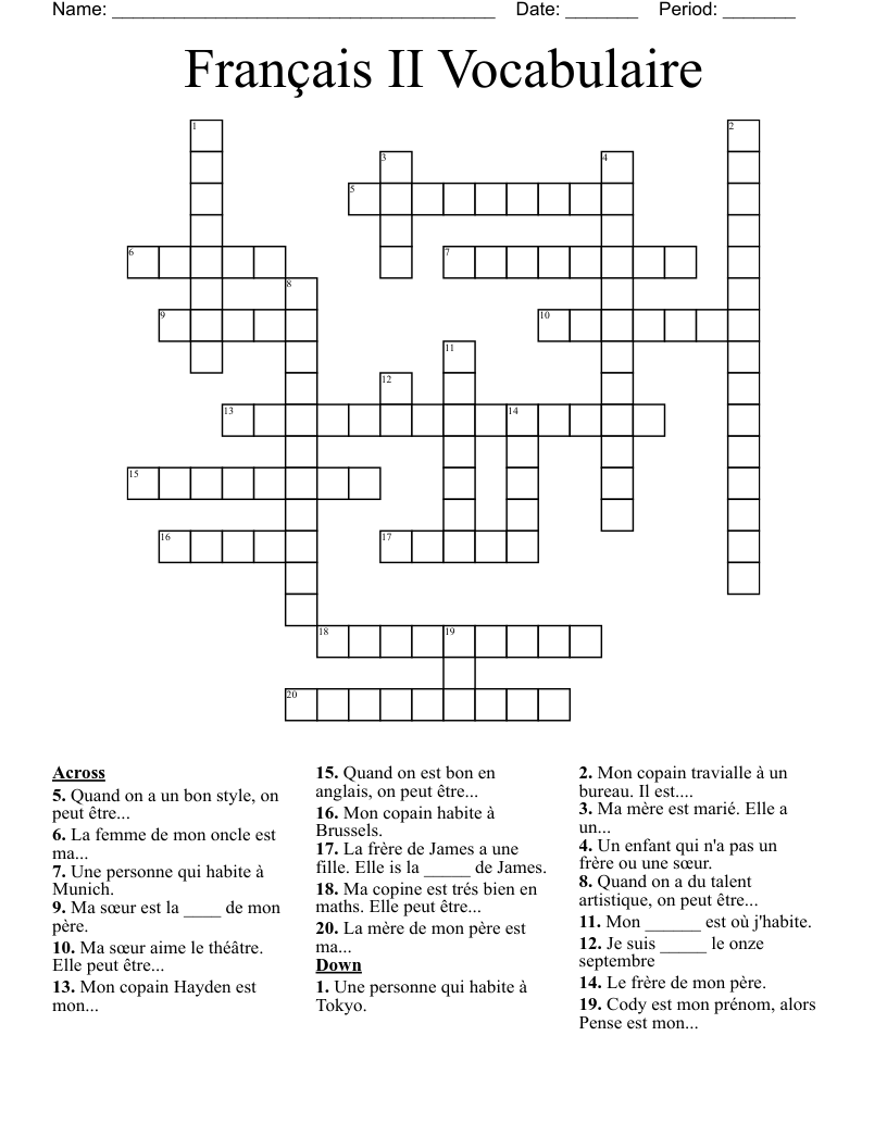 Français II Vocabulaire Crossword