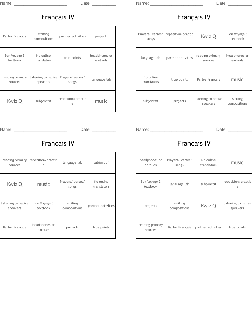Français IV Bingo Cards