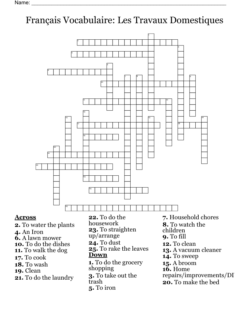 Français Vocabulaire: Les Travaux Domestiques Crossword