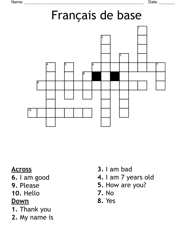 Français de base Crossword