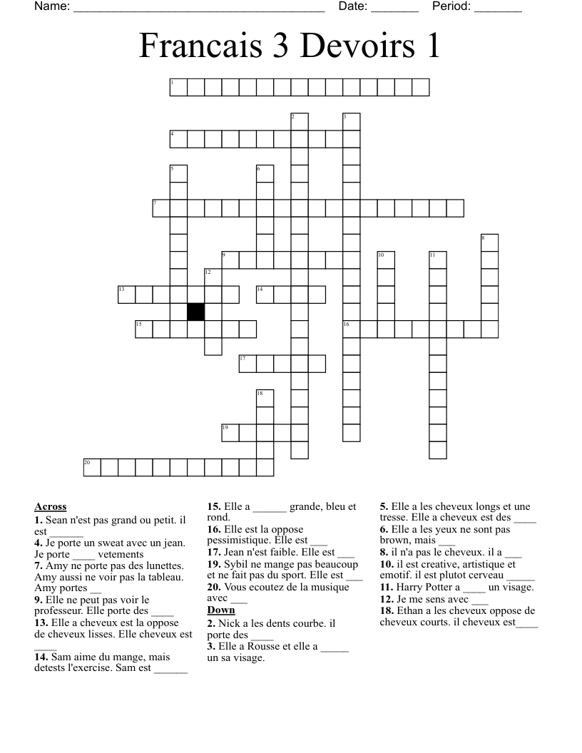 Francais 3 Devoirs 1 Crossword