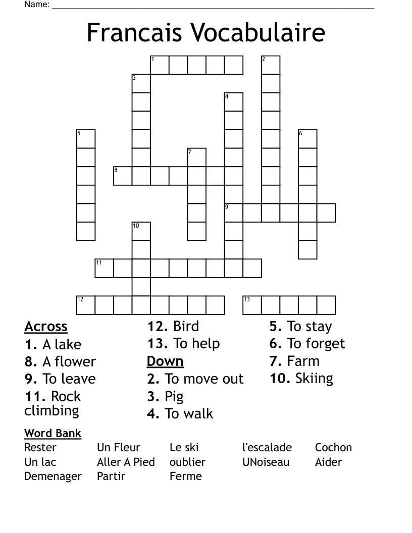 Francais Vocabulaire Crossword