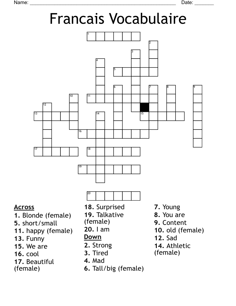 Francais Vocabulaire Crossword