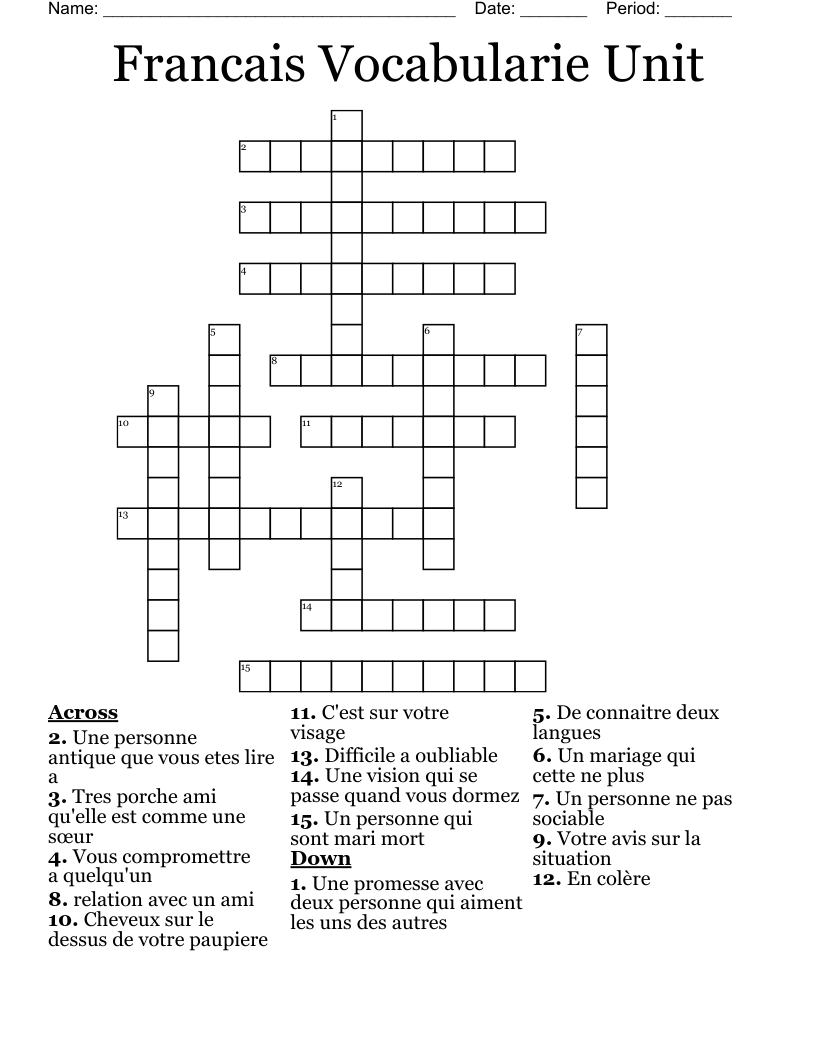 Francais Vocabularie Unit  Crossword