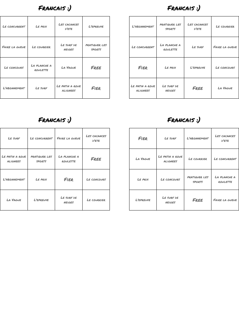 Francais :) Bingo Cards