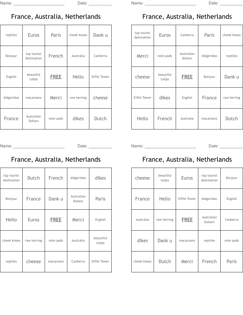 France, Australia, Netherlands Bingo Cards