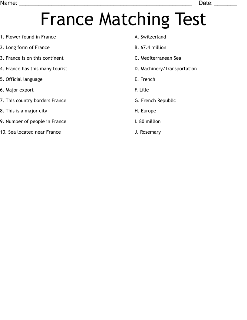 France Matching Test Worksheet