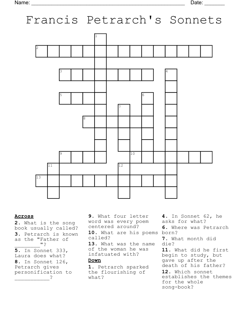 Francis Petrarch's Sonnets Crossword