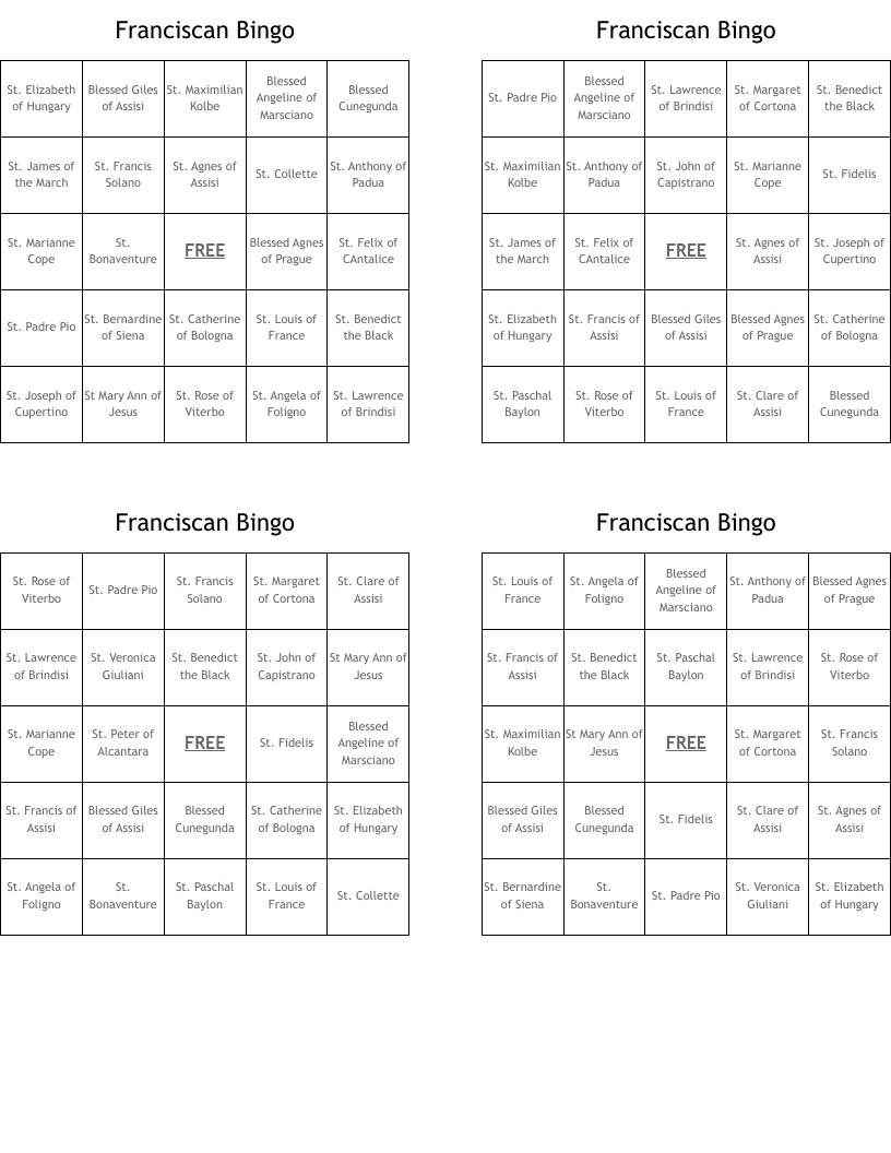 Franciscan Bingo