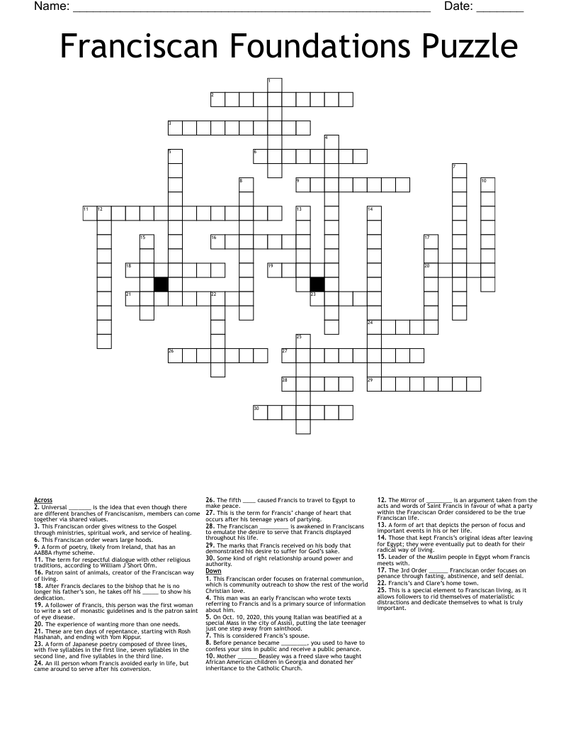 Franciscan Foundations Puzzle Crossword