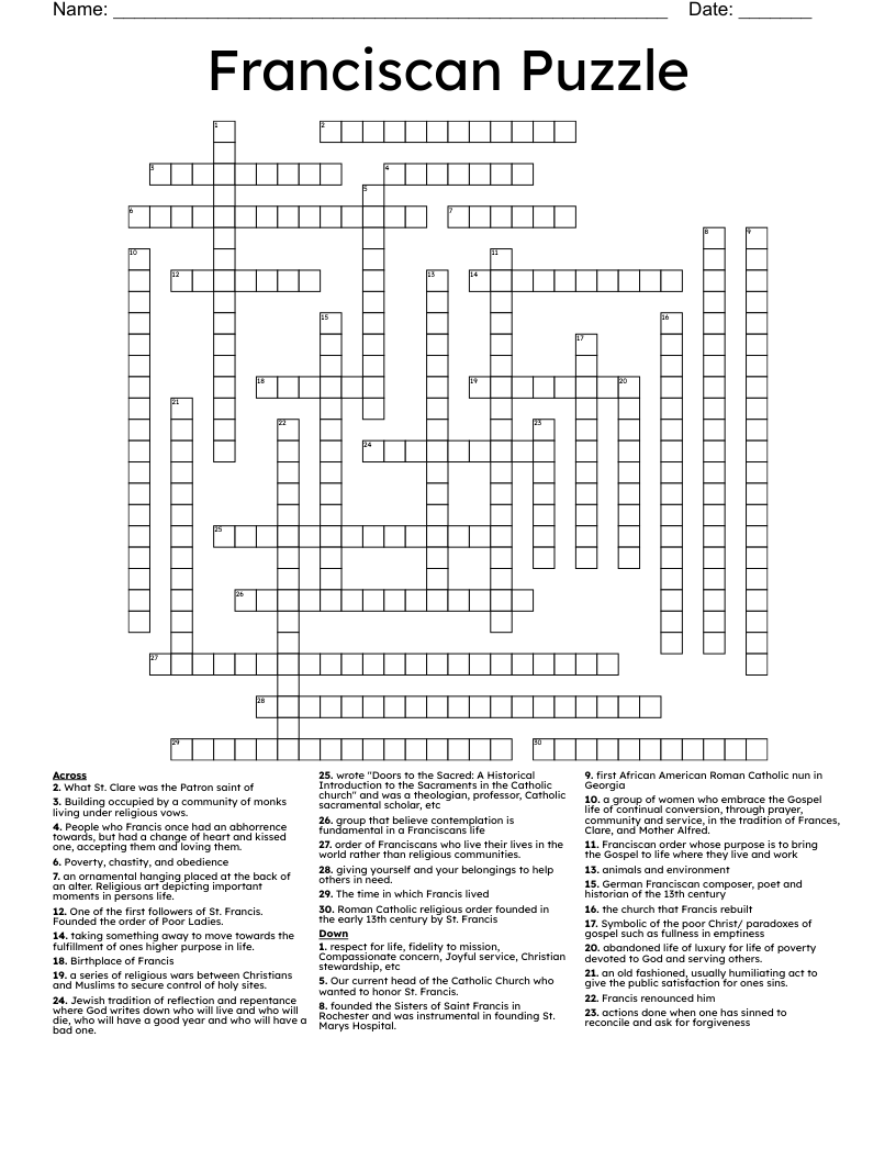 Franciscan Puzzle Crossword