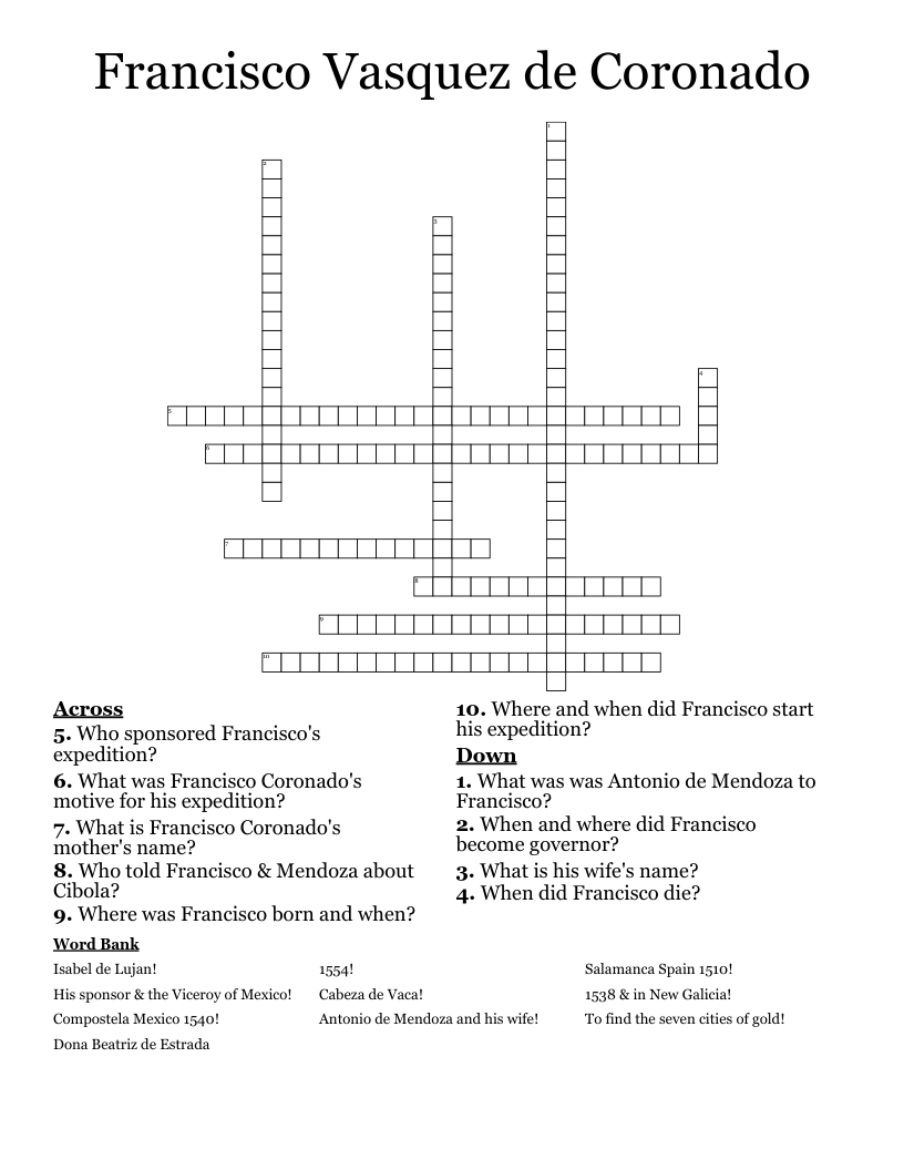 Francisco Vasquez de Coronado Crossword