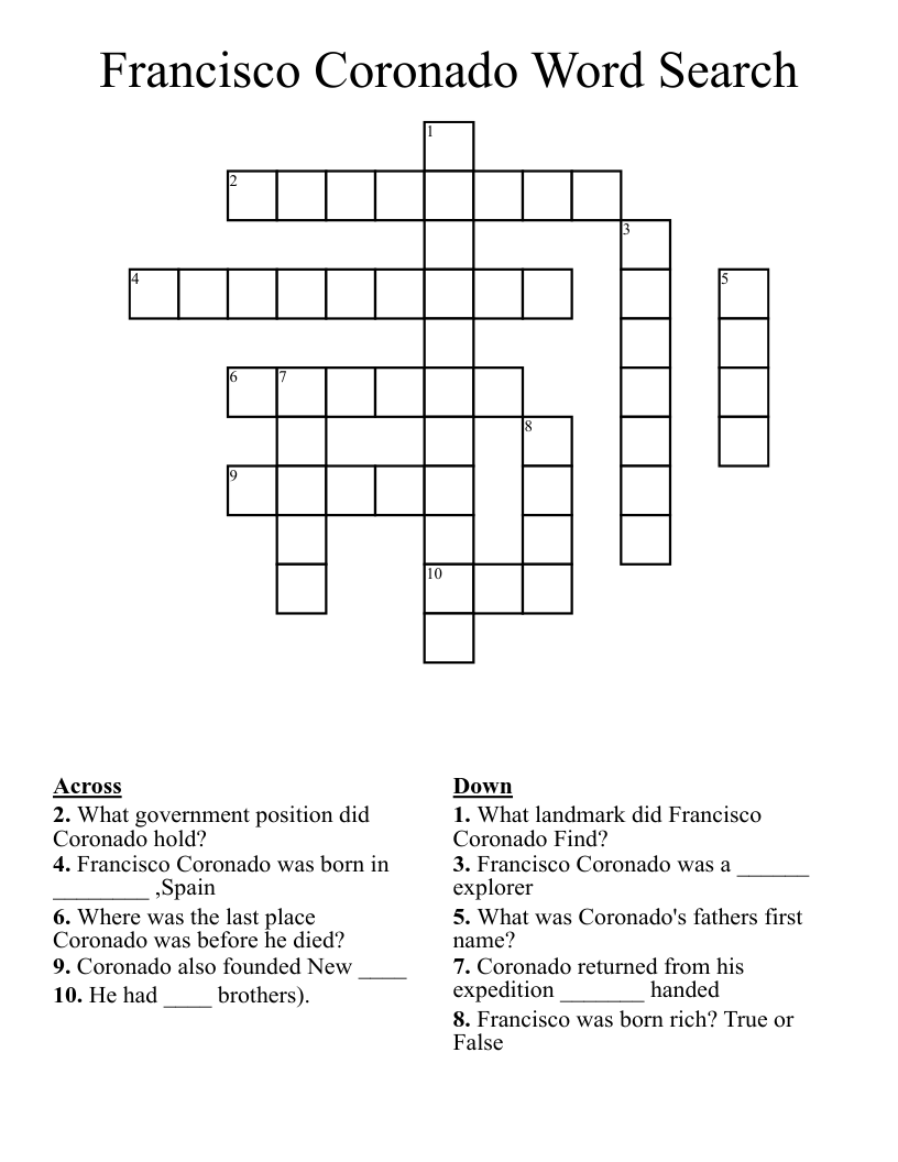 Francisco  Coronado Word Search Crossword