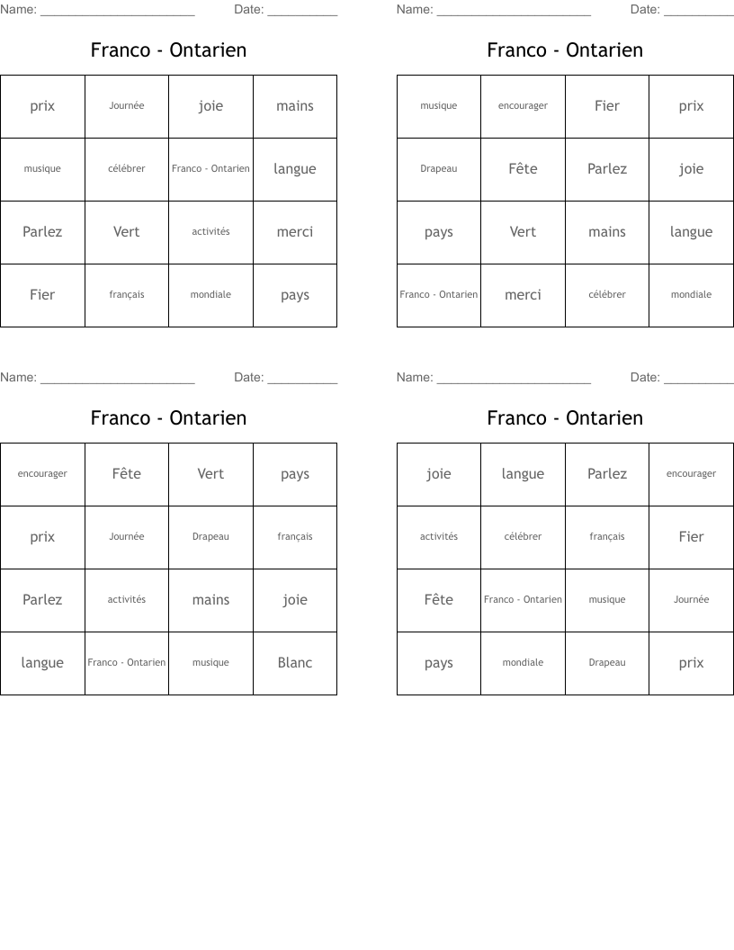 Franco - Ontarien Bingo Cards