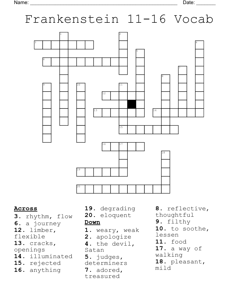 Frankenstein 11-16 Vocab Crossword
