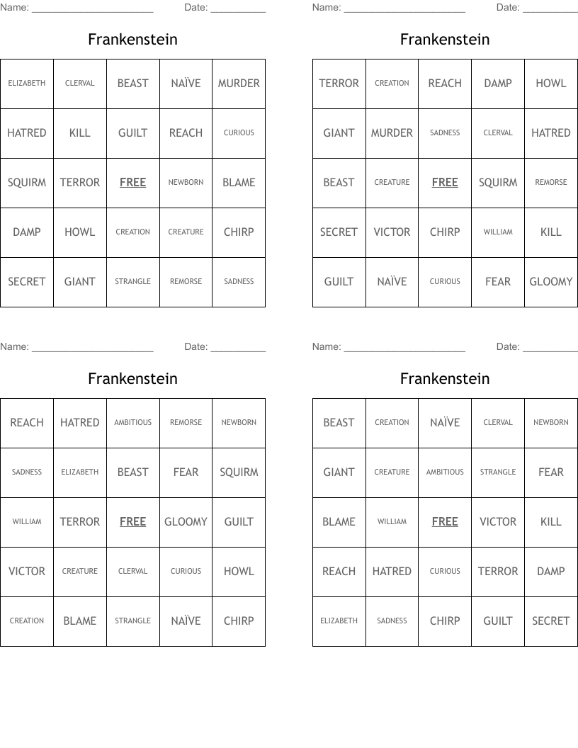 Frankenstein Bingo Cards