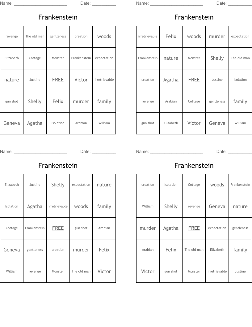 Frankenstein Bingo Cards